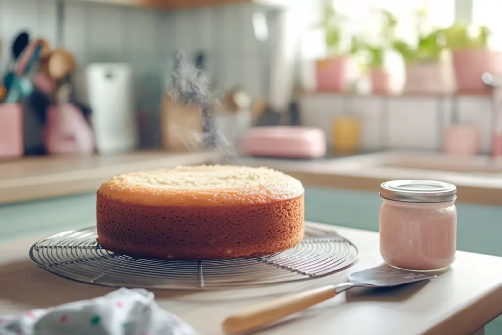 Freshly baked cake cooling on a wire rack with frosting tools nearby.