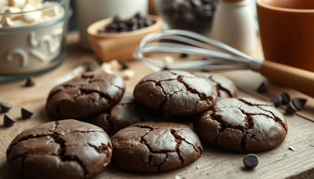 A close-up view of German chocolate cookies with a soft, gooey center, surrounded by chocolate chips for extra indulgence.