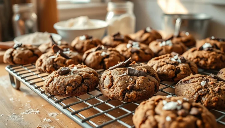 Freshly baked German chocolate cookies cooling on a wire rack, topped with coconut and chocolate chunks.