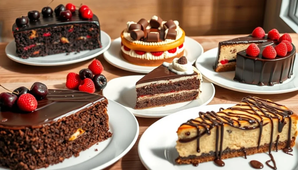 A selection of German chocolate cake varieties with different flavors, including Black Forest cake and Sachertorte.