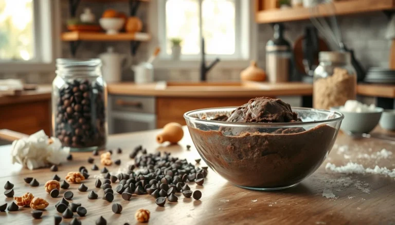 Glass bowl filled with German chocolate cookie dough, surrounded by chocolate chips and baking ingredients.