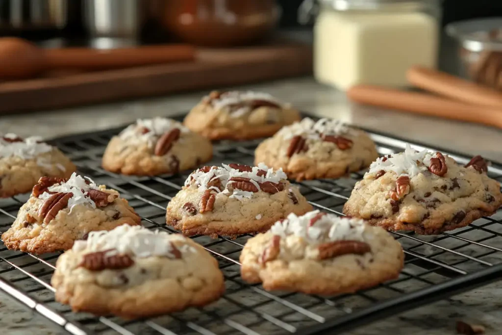 German chocolate cookies topped with pecans and coconut flakes on a cooling rack in a kitchen.