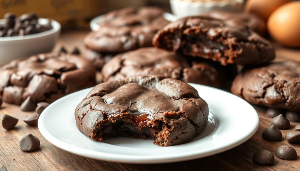 Close-up of gooey German chocolate cookies with melted chocolate centers on a white plate.