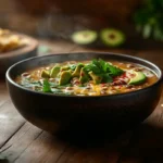 Taco Soup Frios garnished with cheese, avocado, and cilantro.