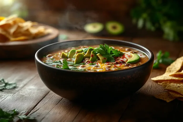 Taco Soup Frios garnished with cheese, avocado, and cilantro.