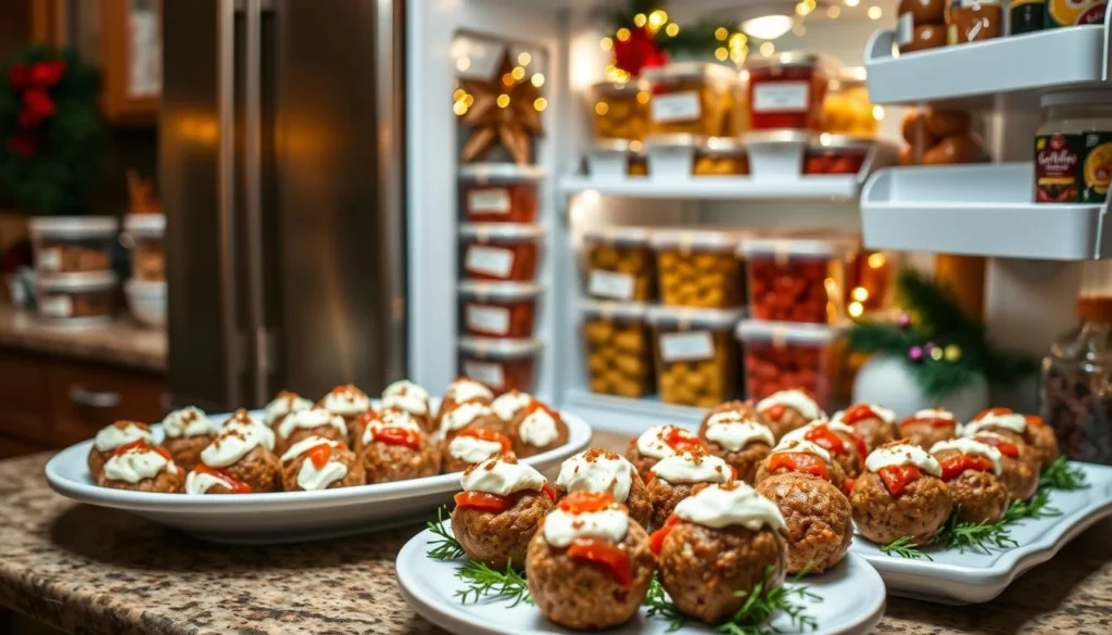 Sausage balls prepared for a holiday gathering in a festive kitchen