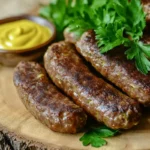 Perfectly cooked homemade beef sausage on a rustic platter