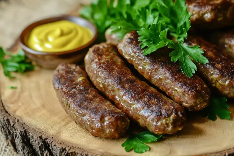 Perfectly cooked homemade beef sausage on a rustic platter