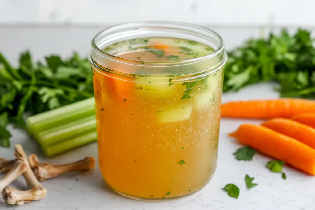 What is the best broth for carnivore diet?Homemade chicken broth for carnivore diet displayed in a clear jar.