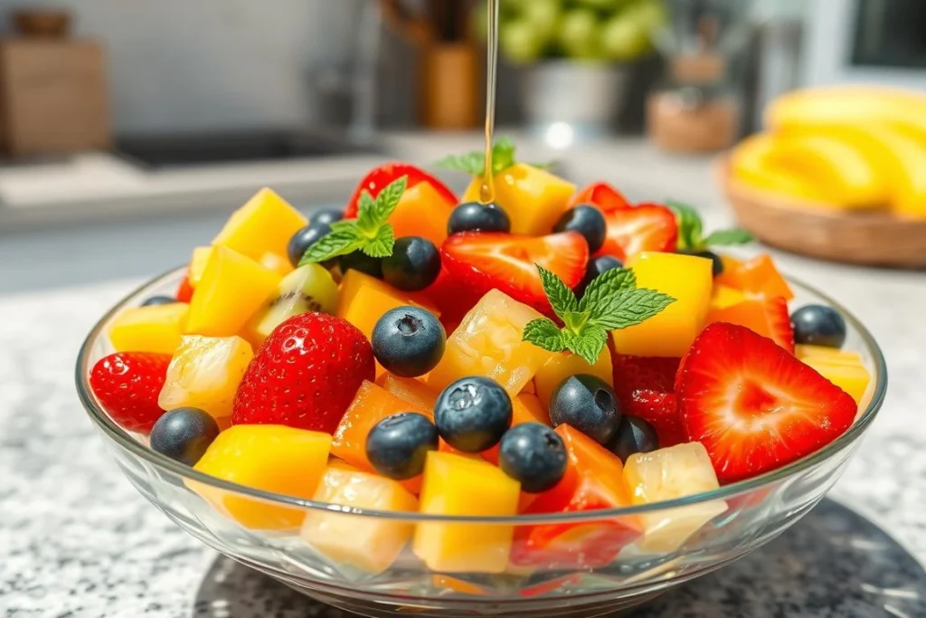 A close-up of a fruit salad featuring strawberries, blueberries, mango, and pineapple chunks, drizzled with honey and garnished with fresh mint leaves.