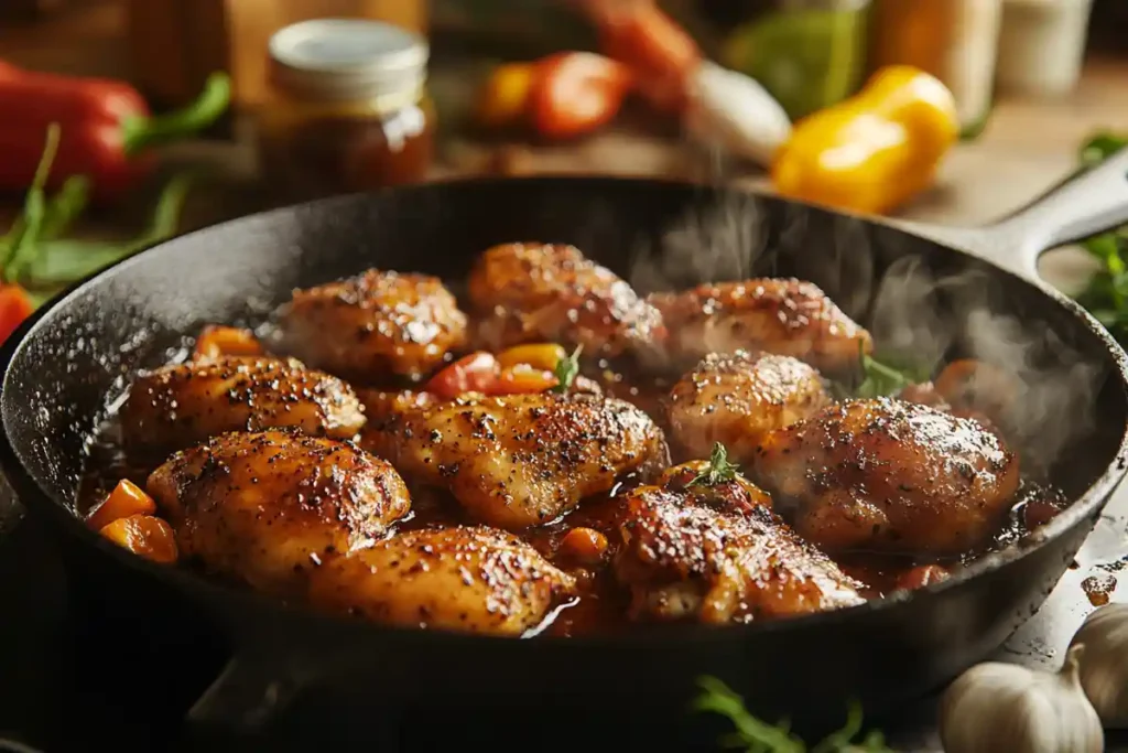 Honey pepper chicken cooking in a skillet with glaze.