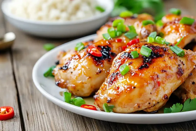 Honey pepper chicken plated with jasmine rice.