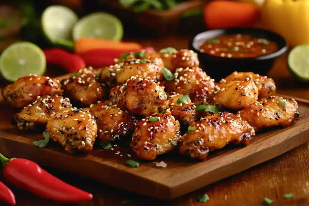 Honey pepper chicken wings served with dipping sauce.