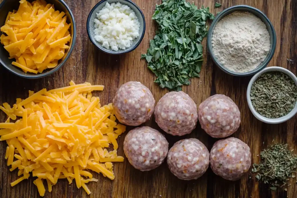 Ingredients for Cheddar Bay Sausage Balls on a countertop.