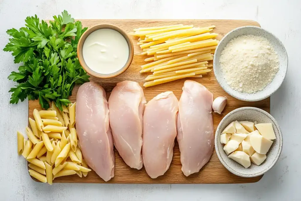 Ingredients for Garlic Parmesan Chicken Pasta.