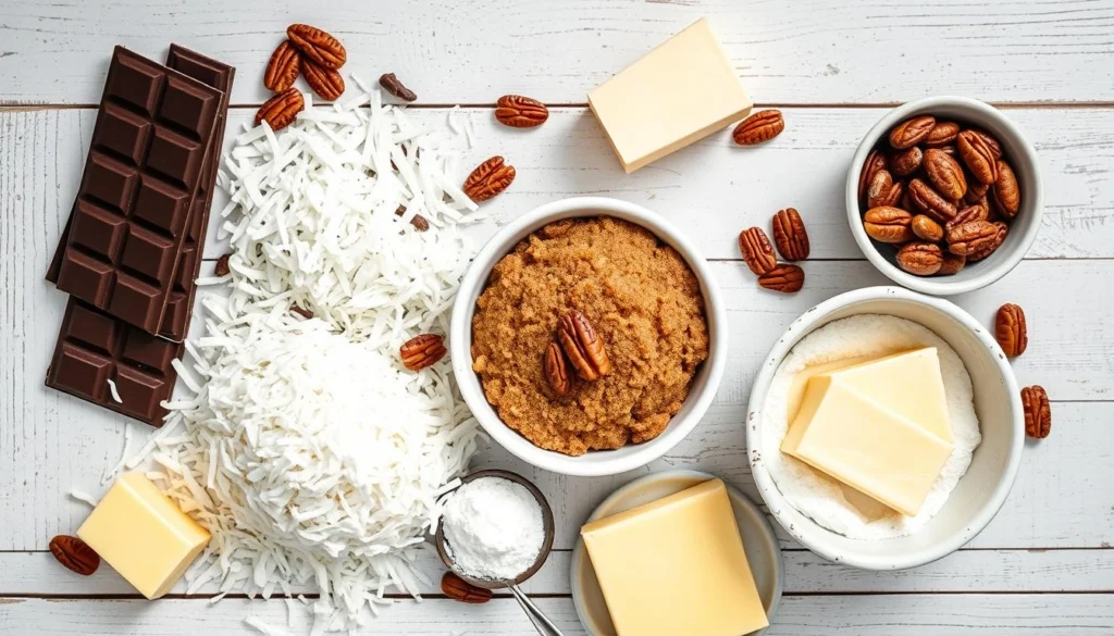 A flat lay of chocolate, butter, shredded coconut, brown sugar, and pecans for German chocolate cake.