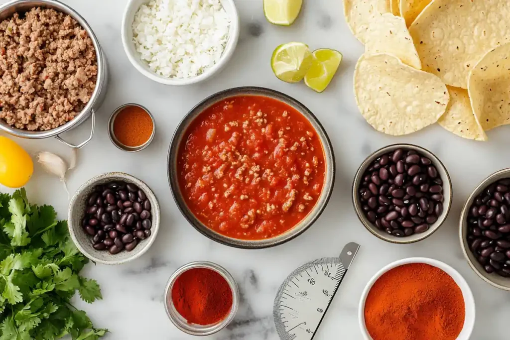 Taco soup ingredients like tomato paste, beans, and spices.