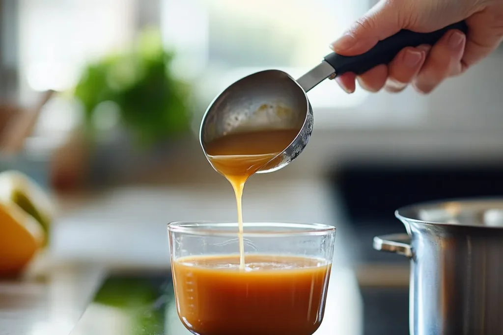 A close-up shot of a ladle pouring soup into a measuring cup, demonstrating how many ounces a soup cup can hold accurately.