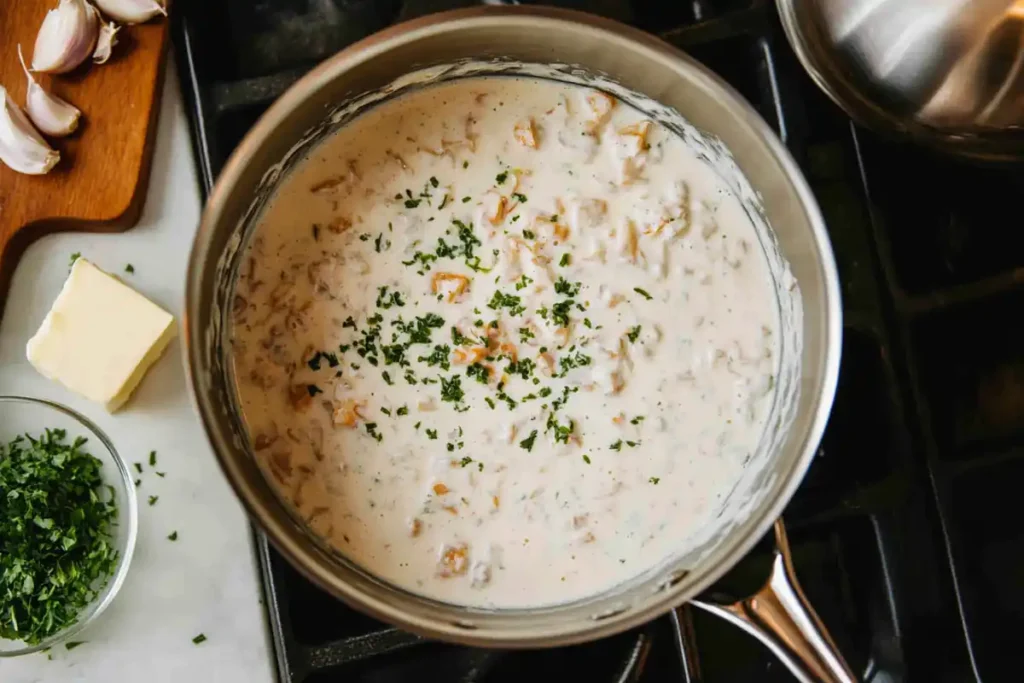 Thick creamy garlic sauce simmering in a pan