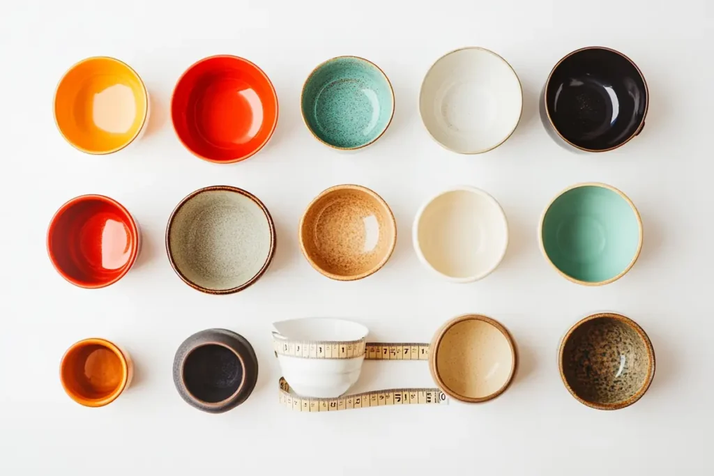 An overhead view of various sized soup cups and bowls with a measuring tape to illustrate differences in volume.