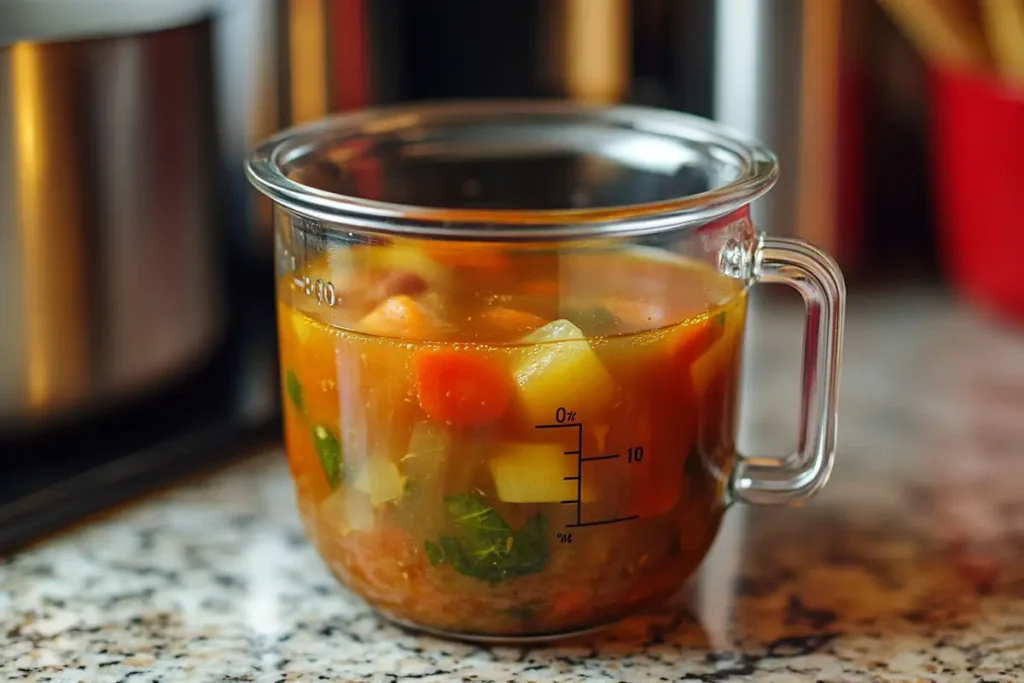 Measuring cup filled with soup to the 8-ounce mark