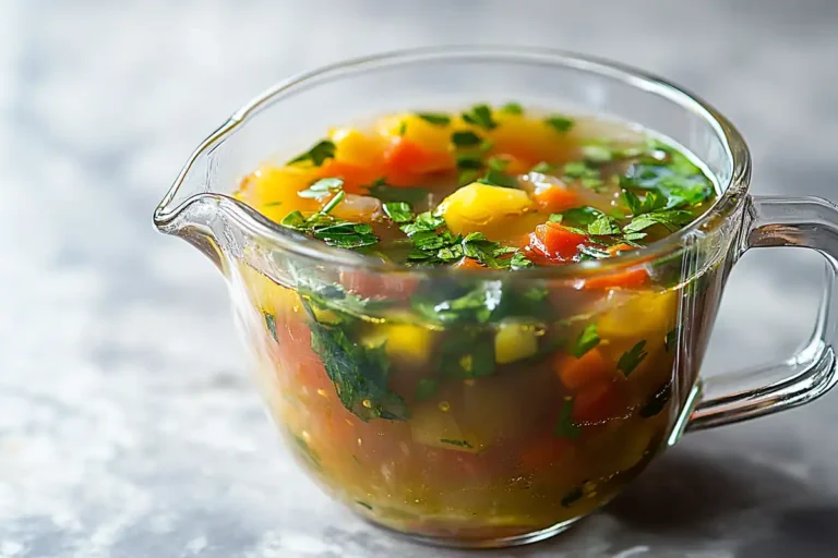 A clear glass measuring cup filled with soup, demonstrating how many ounces in a soup cup.