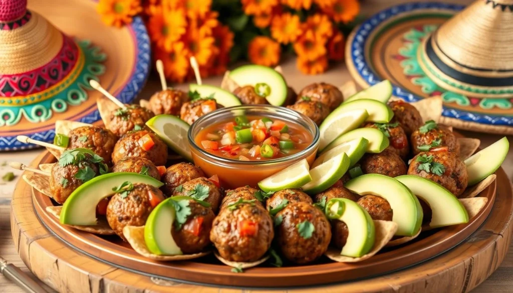 Mexican-style sausage balls served with sliced avocado and salsa