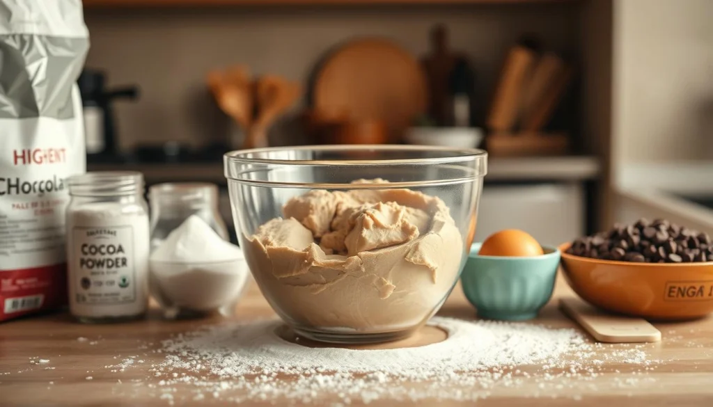 A glass bowl filled with German chocolate cookie dough, surrounded by baking ingredients on a wooden countertop.