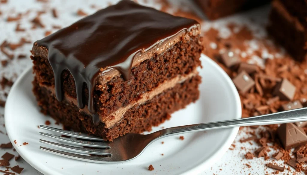 A slice of pastel de chocolate with creamy frosting and glossy ganache served on a white plate with a fork.