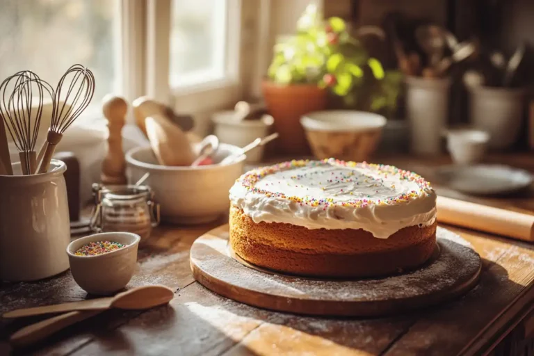 Vintage kitchen with a freshly baked cake and classic baking tools.