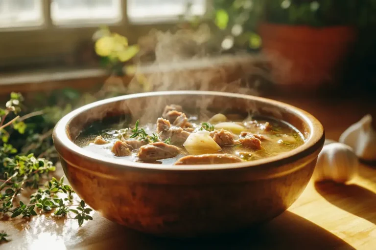 Best broth for carnivore diet in a rustic bowl with beef bones and herbs.