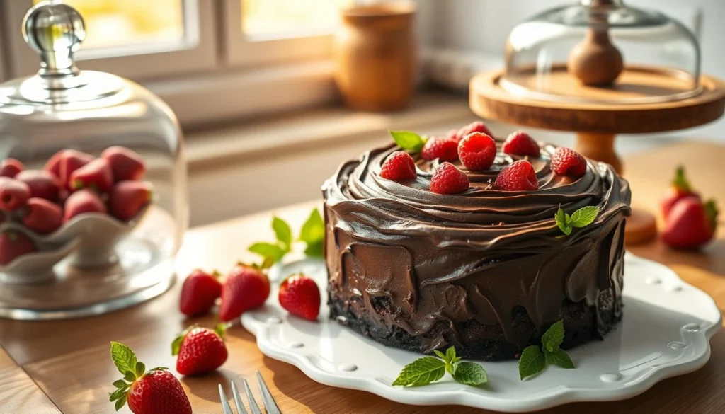 Rich pastel de chocolate decorated with glossy chocolate frosting, fresh strawberries, and mint leaves on a serving table.