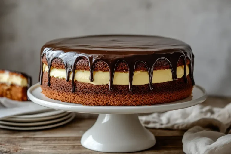 Boston Cream Cake with custard layers and chocolate ganache.