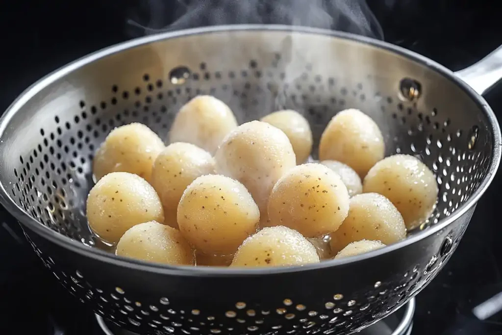 Freshly boiled baby potatoes in a colander