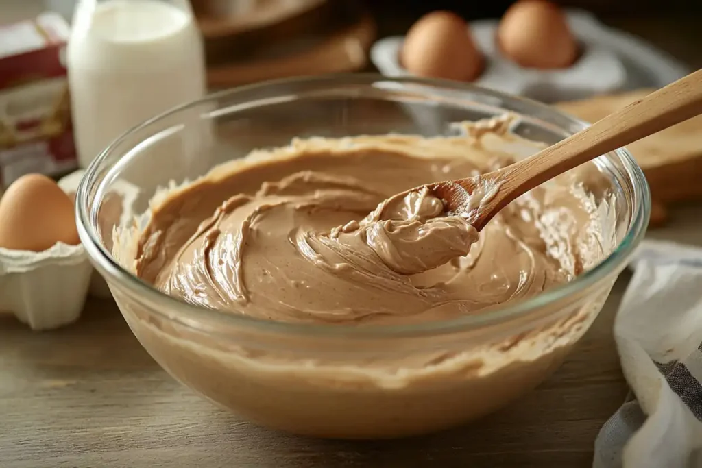 Close-up of cake batter in a mixing bowl with baking ingredients in the background.