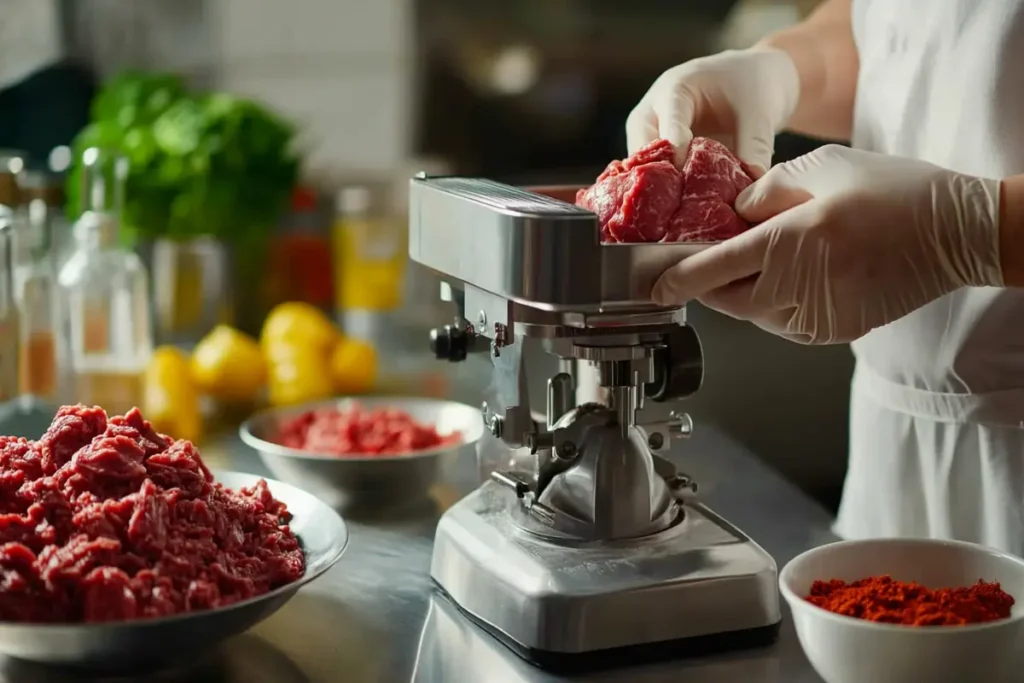 Grinding fresh beef for sausage in a clean kitchen