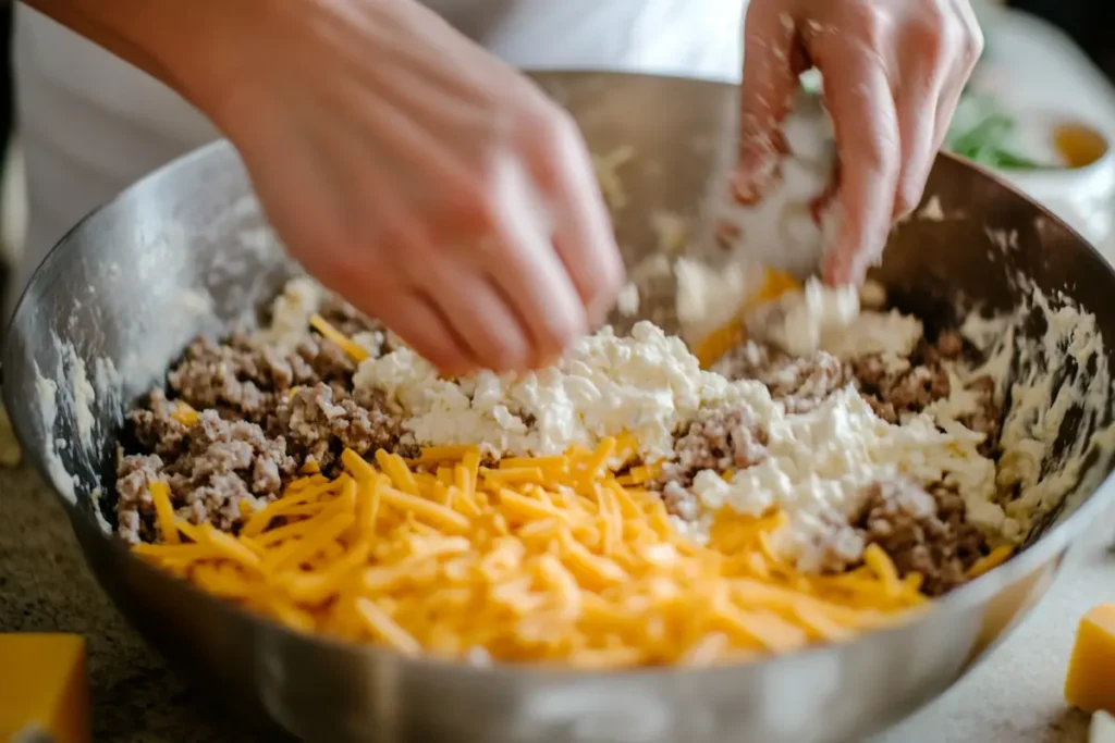 Mixing ingredients for sausage balls with cream cheese