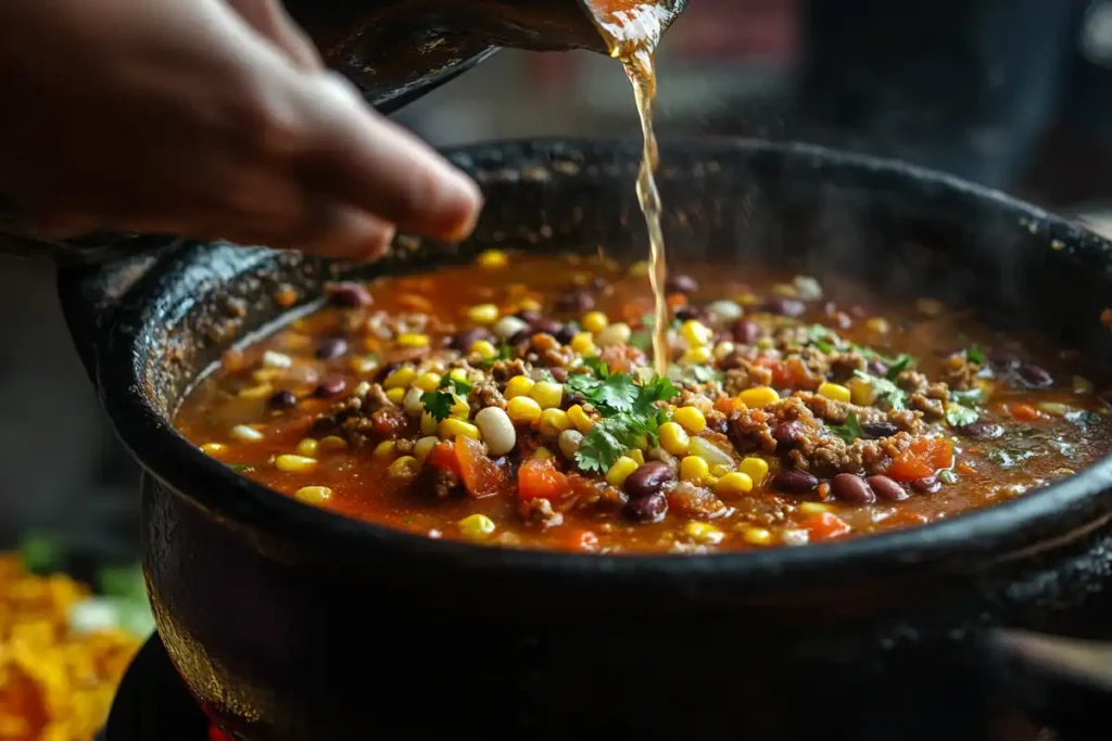 Taco Soup Frios Recipe : Pouring taco soup into a bowl with hearty ingredients.