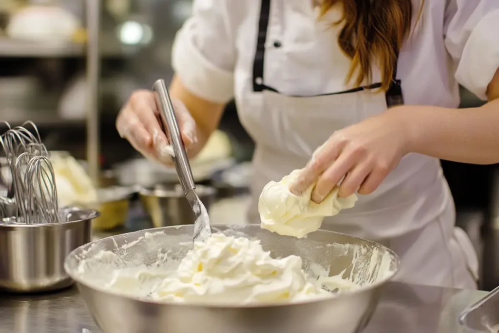 Chef preparing Bavarian cream with whipped cream in a professional kitchen