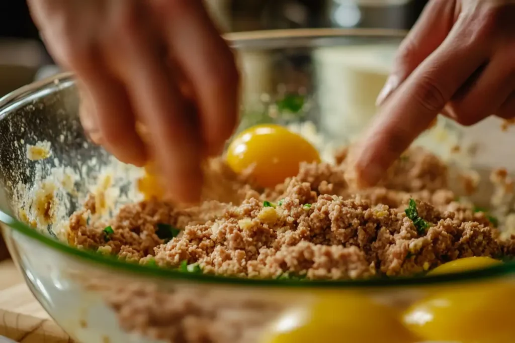 Mixing meat and seasonings for Ryan's Meatloaf Recipe in a bowl.