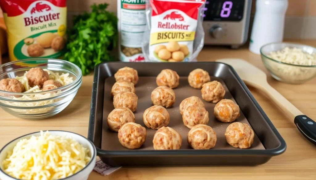 Raw sausage balls prepared with Red Lobster biscuit mix on a baking tray