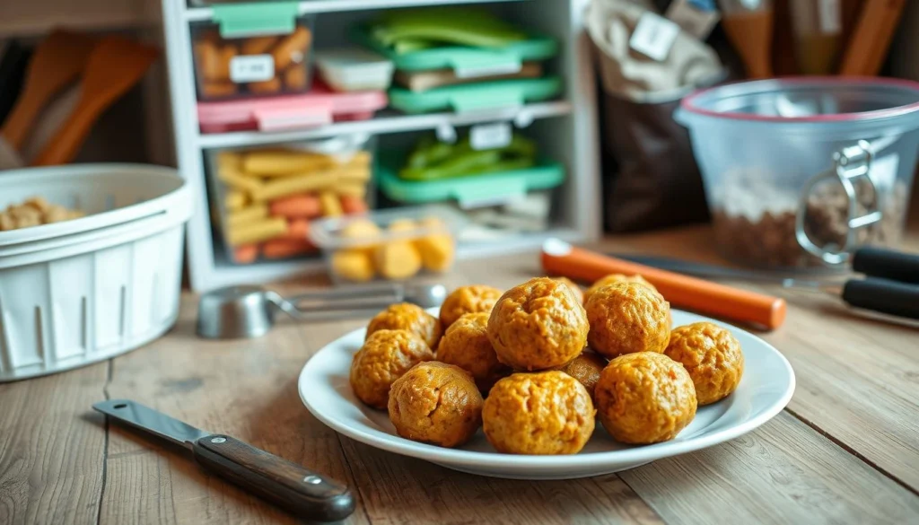 Sausage balls on a white plate, with a rustic kitchen background and cooking tools in view.