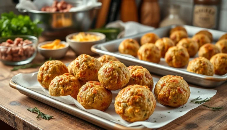 Freshly baked sausage balls served on a baking tray with fresh ingredients in the background.