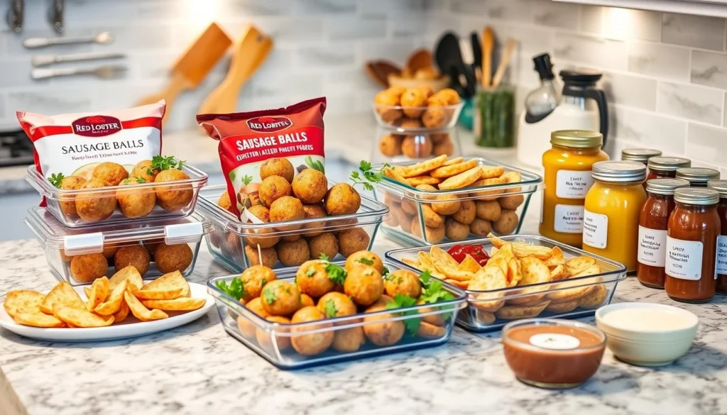 Party-ready sausage balls and sides displayed on a kitchen counter