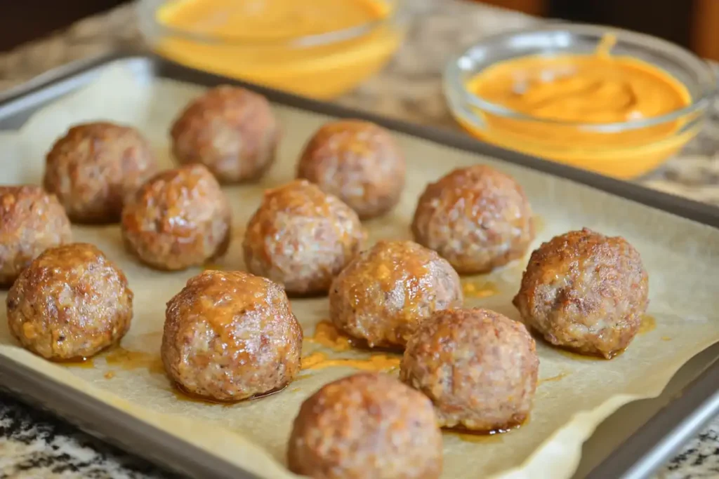 Sausage Balls with Cream Cheese served with dipping sauces