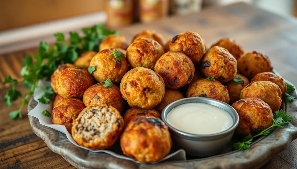 A close-up of a platter of sausage balls with dipping sauce and fresh parsley garnish.