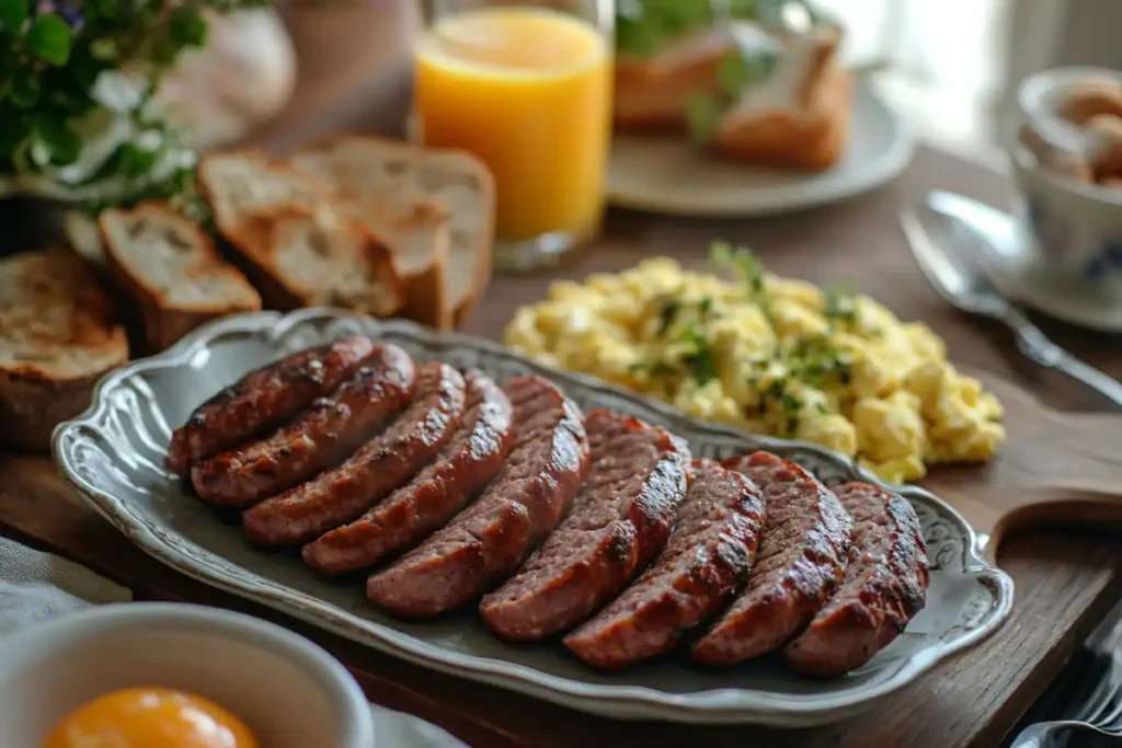 Breakfast table featuring homemade beef sausage, eggs, and toast