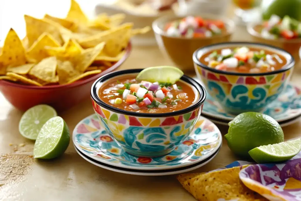 A vibrant serving of taco soup frios with sides.