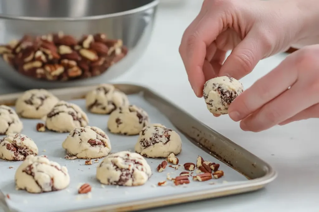 Hands shaping German chocolate cookie dough on a parchment-lined baking tray, with pecans in the background.