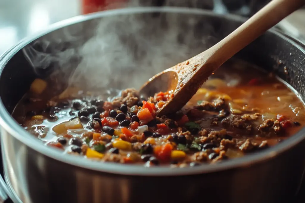 Simmering taco soup with beans and spices